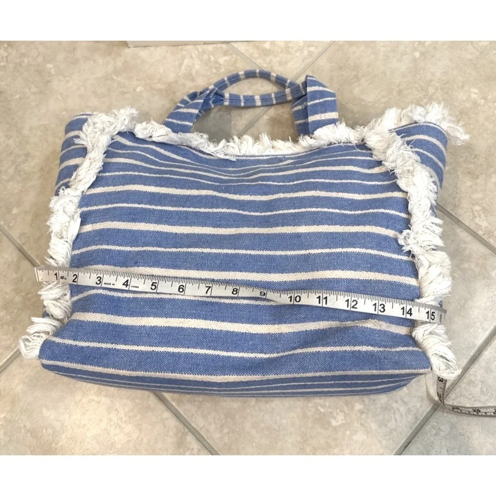 HATATTACK‎ CANVAS FRINGE LARGE TOTE BAG BLUE & WHITE Beach Nautical Cruise AS IS